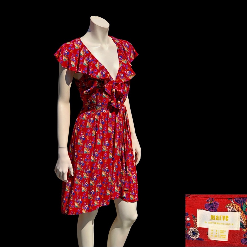 Red ANTHROPOLOGIE MAEVE Calico Floral Faux Wrap Sleeveless Mimi Dress 4 - Picture 3 of 10